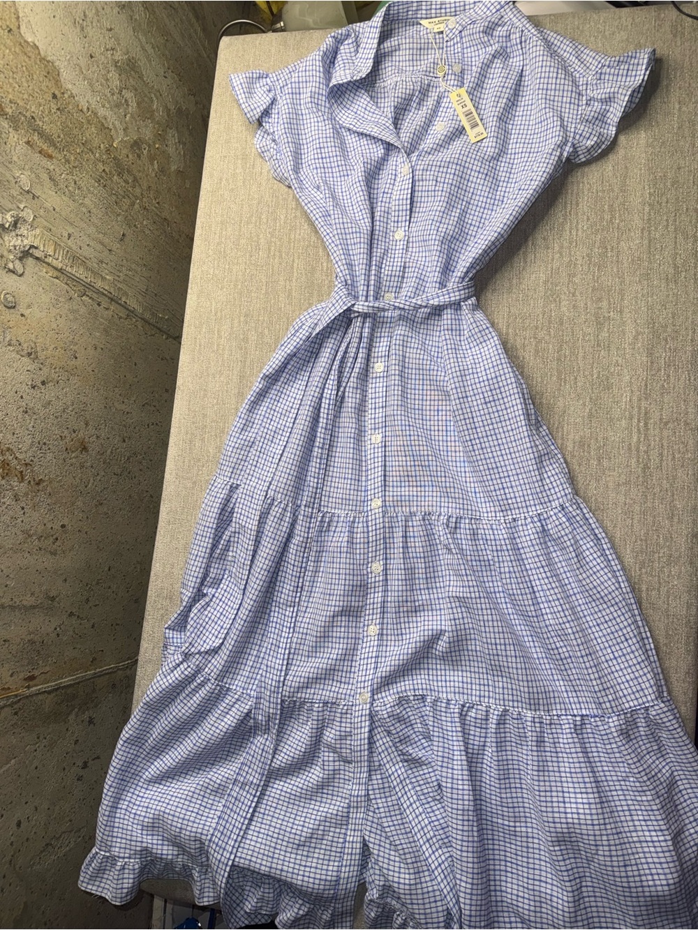 Max Studio London Blue White Check Tiered Ruffle Maxi Dress XS NWT $178